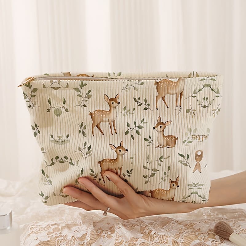 TEMU A Lightweight Corduroy Makeup Bag Featuring Deer Design, Perfect For Storage And Multifunctional Use, Complete With A Lining