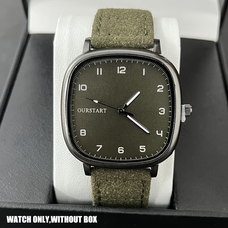 TEMU Toop Men's Casual Square Watch With Olive Green Leather Strap - Quartz Movement, Black Dial, Alloy Case For Outdoor Sports & Casual Attire, Durable , Stylish