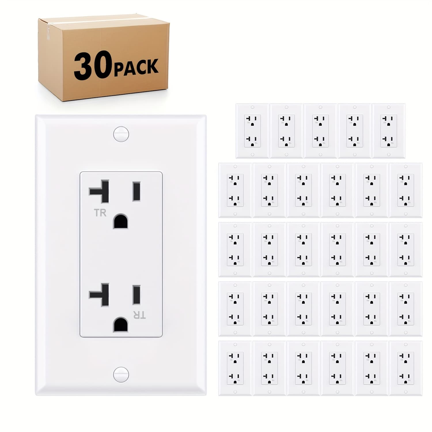 TEMU 20a 125v White Decorator Receptacle Outlets, Tamper Resistant, With Wallplates, Hardwired Electrical Socket For Room Use, , 30/60pcs