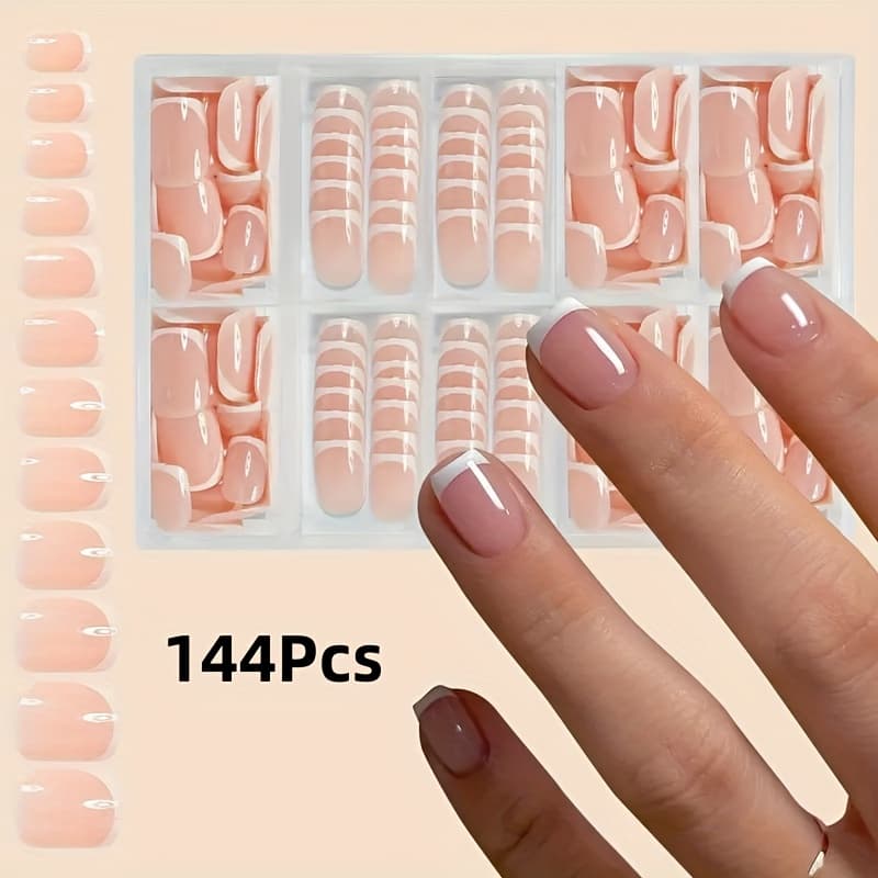 TEMU 144pcs Short Square Press On Nails, Pink French Tip Soft Gel Tips, 3-in-1 Coating Primer & Base For Diy Durable Wearable Fake Nails In 12 Sizes