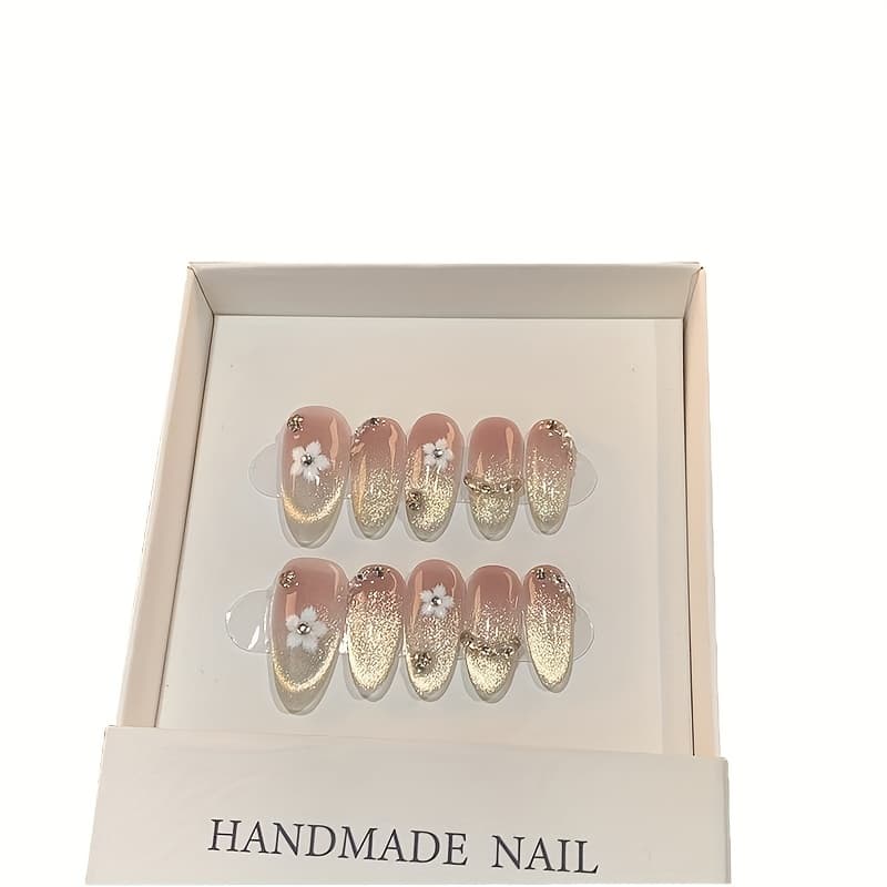 TEMU 10pcs Luxury Pure Handmade Wearable Nail Tips Fake Nails Light Relax Manicure With Cat Eye For Whitening Effect