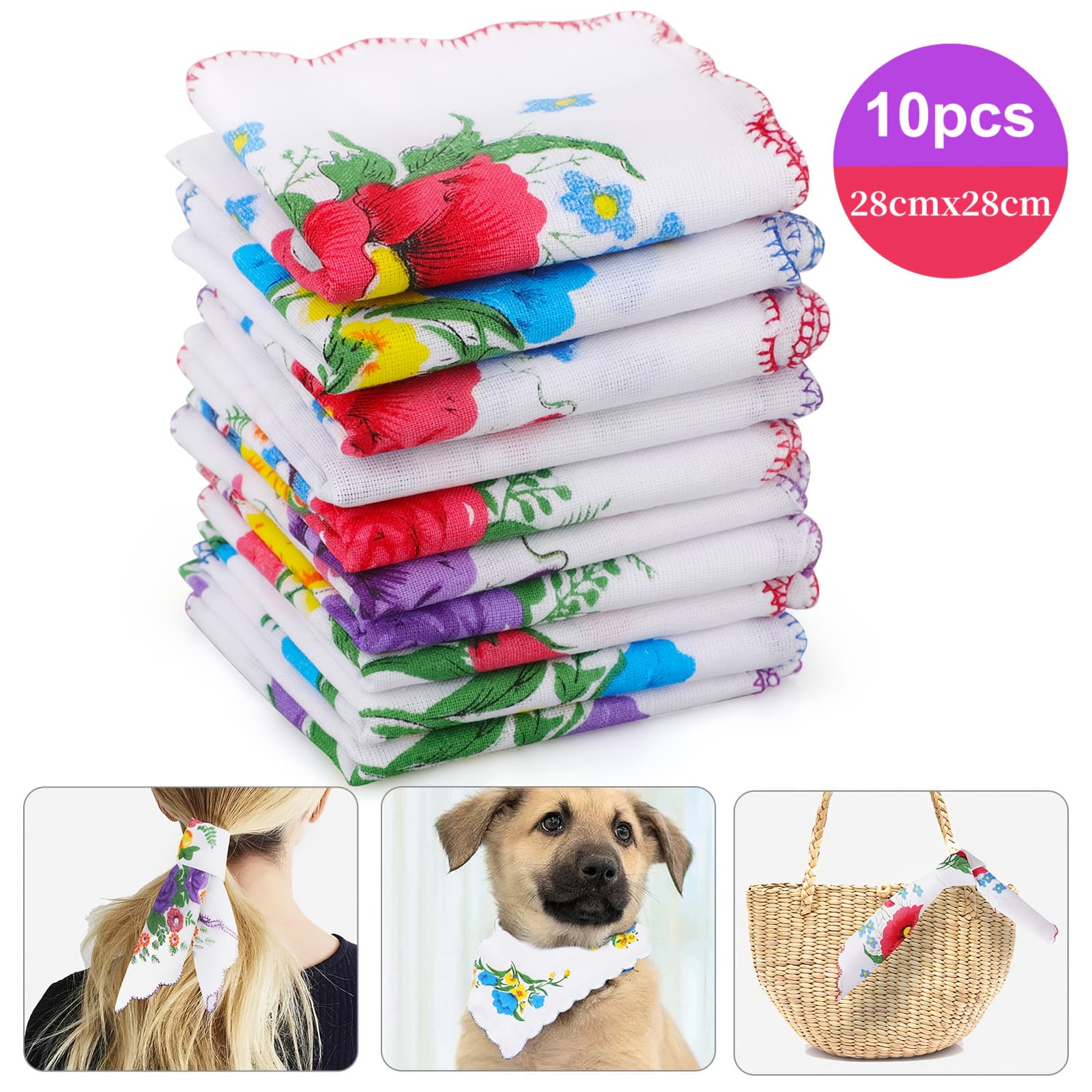 TEMU 10pcs Women's Handkerchiefs, 100% Cotton Hankies, 11'' Vintage Floral Square Hanky, Portable Pocket Tissue For Ladies