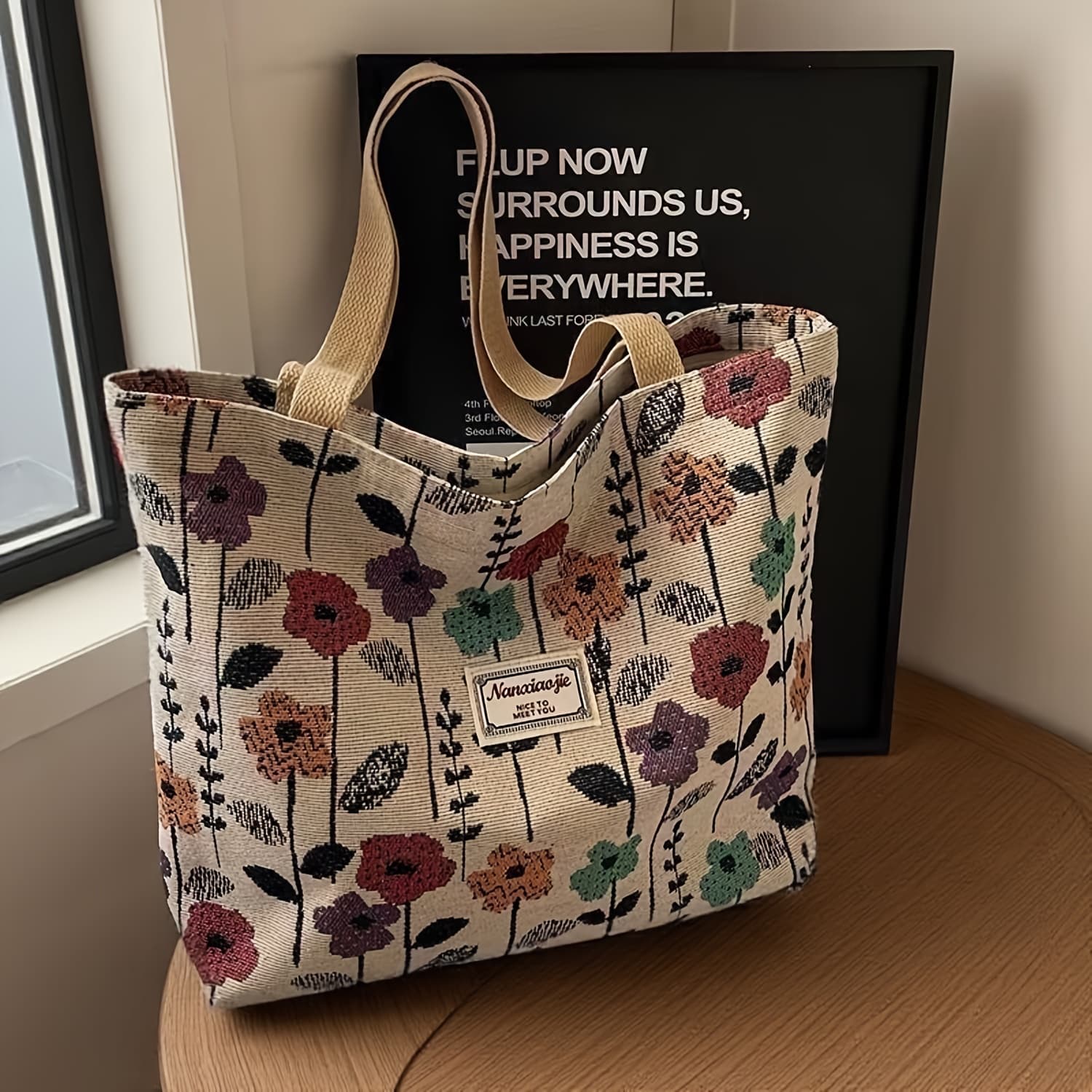 TEMU 2025 Large Capacity Commuting Tote, College Student Single Shoulder Bag, Zippered Travel Bag, Oil Painting Design