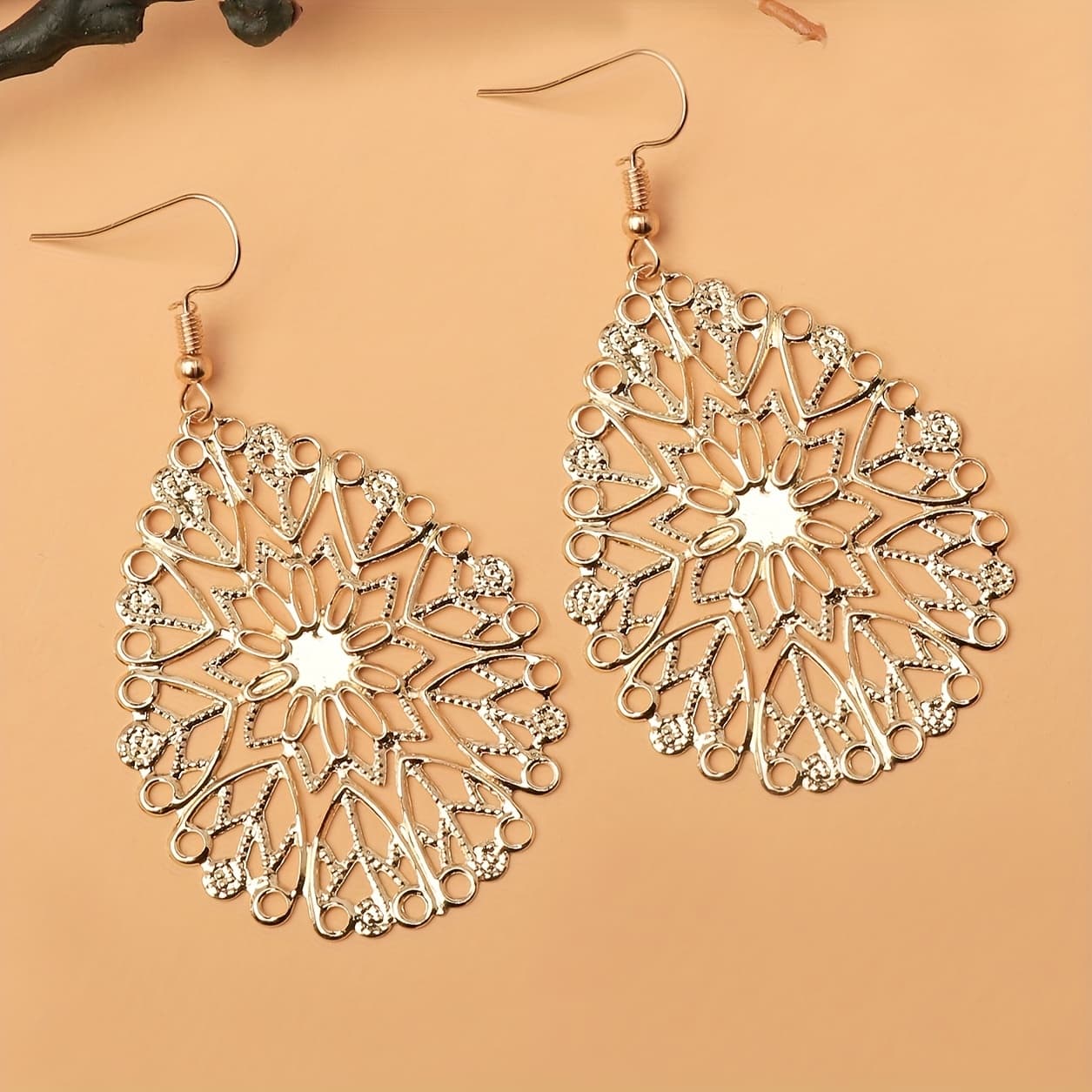 TEMU Pair Of Elegant Golden-tone Hollow Teardrop Earrings For Women - Intricate , Iron , Perfect For Casual Attire, Novelty Earrings