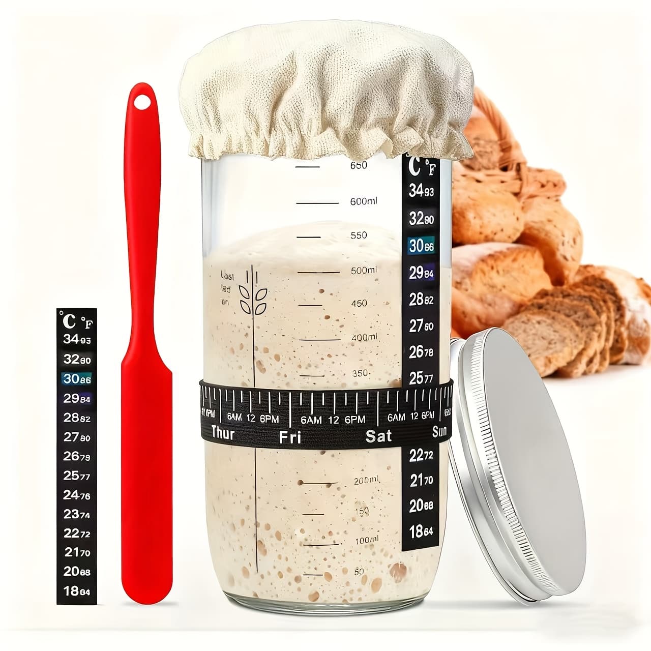 TEMU Sourdough Starter Kit, 24oz Glass Jar With Date Marking Feeding Strip, Thermometer, Cloth Cover And Metal Lid, Home Baking Supplies, Suitable For Bread Baking Supplies, Bread Fermentation Tools