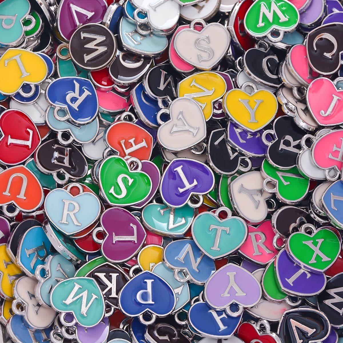TEMU 50pcs Random Color Heart-shaped Alphabet Charms Set, A-z Letter Pendants For Diy Necklaces, Bracelets & Earrings - Alloy Jewelry Crafting Kit