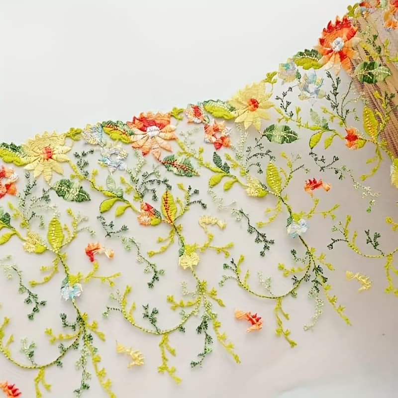 TEMU 1 Yard Vibrant Orange Floral Embroidered Lace Trim Ribbon - Polyester, Multicolor Flowers & For Crafting, Sewing Decorations, Clothing & Bag Embellishments, Ribbon For Crafts