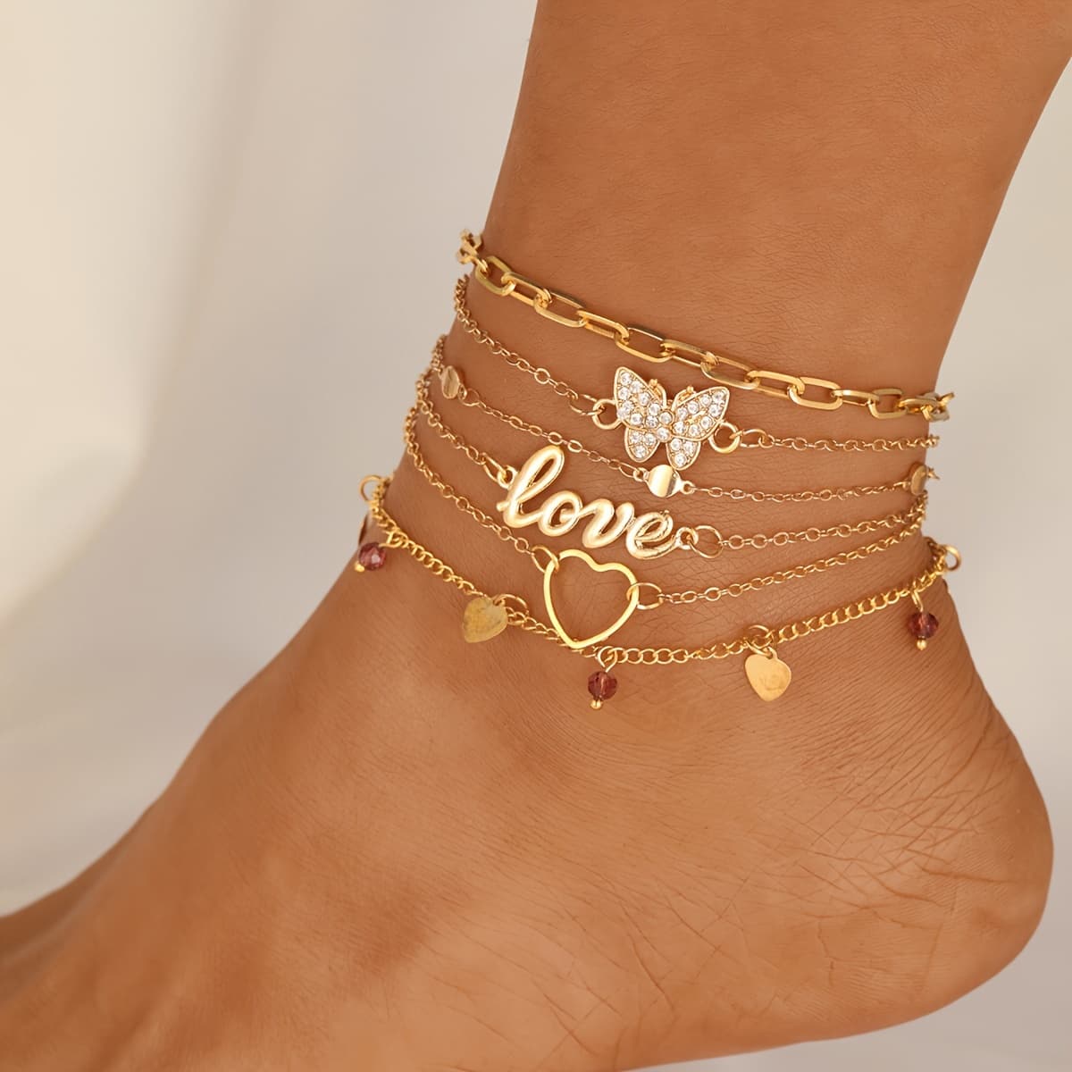 TEMU 6pcs Set Of Easy Heart Letter Love Anklet Set Women's Vacation Party