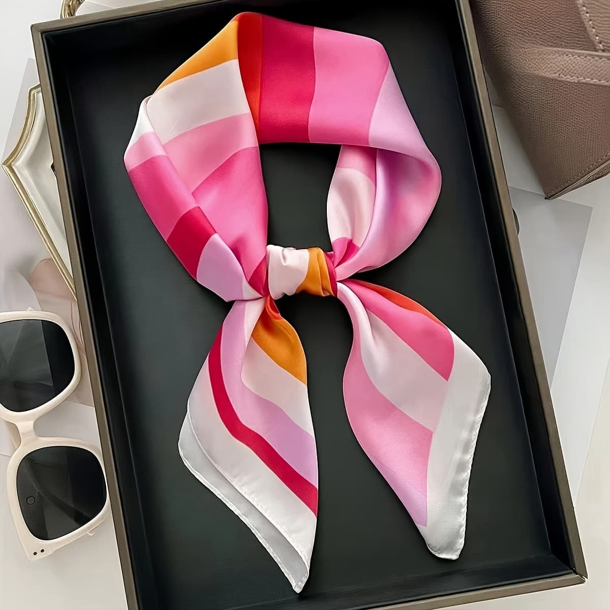 TEMU Women's Pink Multi-colored Satin Square Scarf - Soft And Lightweight, Fashion Accessory, Elegant Striped Design, Hair Band