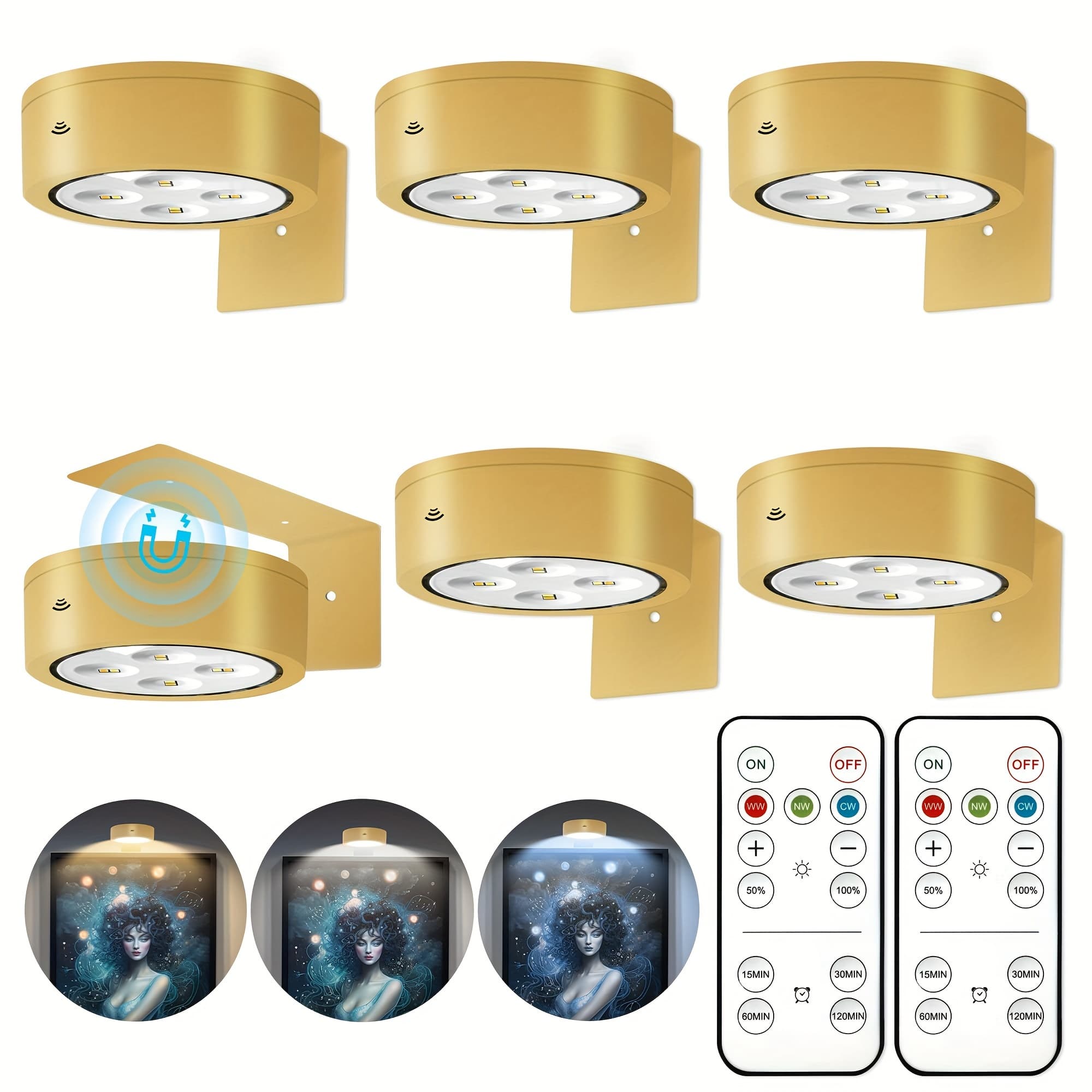 TEMU Set Of 6/3 Battery-powered Picture Lights Featuring A Magnetic , Remote Control For Dimming And Timing, For Art Displays, Wireless Puck Lights For Wall Decoration, In A