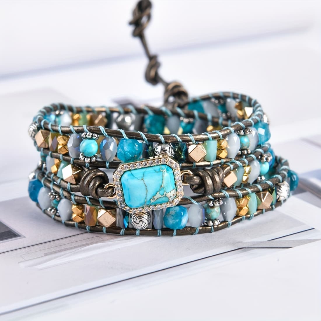 TEMU 3-layer Boho Natural Stone Beaded Bracelet | Blue , Natural Stone Material