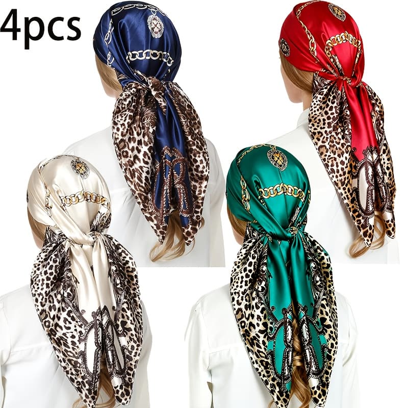 TEMU 4pcs Satin 90cmhead Scarf For Women's Hair- Chain & Leopard Print | Versatile Chic Scarves For Women (scarf/shawl/headwrap)