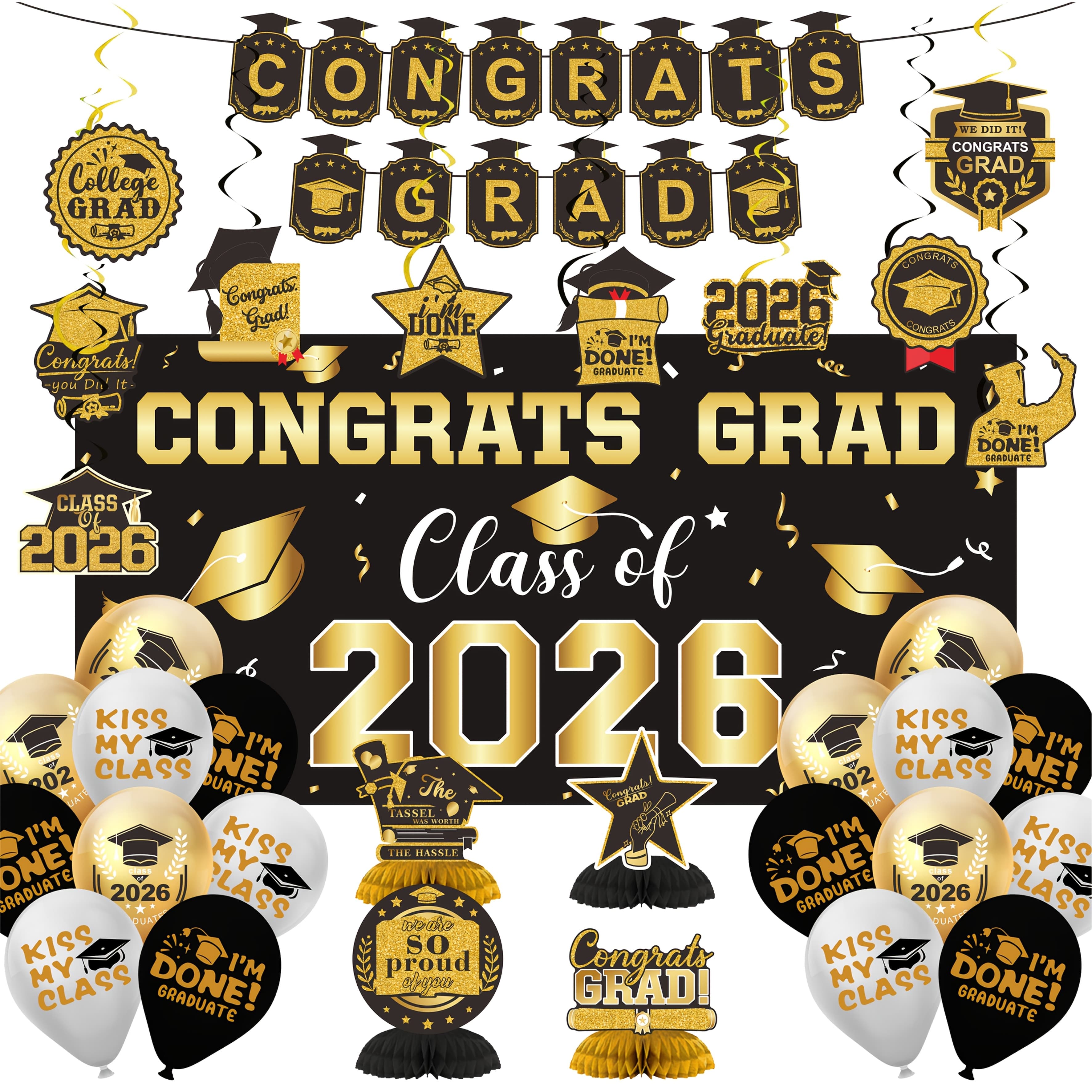 TEMU Graduation Decorations Class Of 2026, Golden Themed Graduation Decorations Set, Class Of 2026 Backdrop Banner, Graduation Hanging Swirl, Balloons And Honeycomb Supplies For Graduation Party