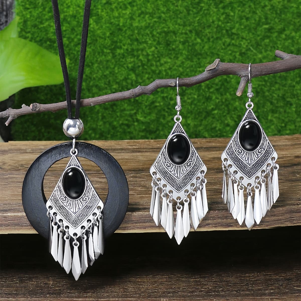 TEMU 3pcs/ Set Vintage Jewelry Set For Women, Black Turquoise Inlay, Fashionable Minimalist Accessories For Daily & Gift Occasions