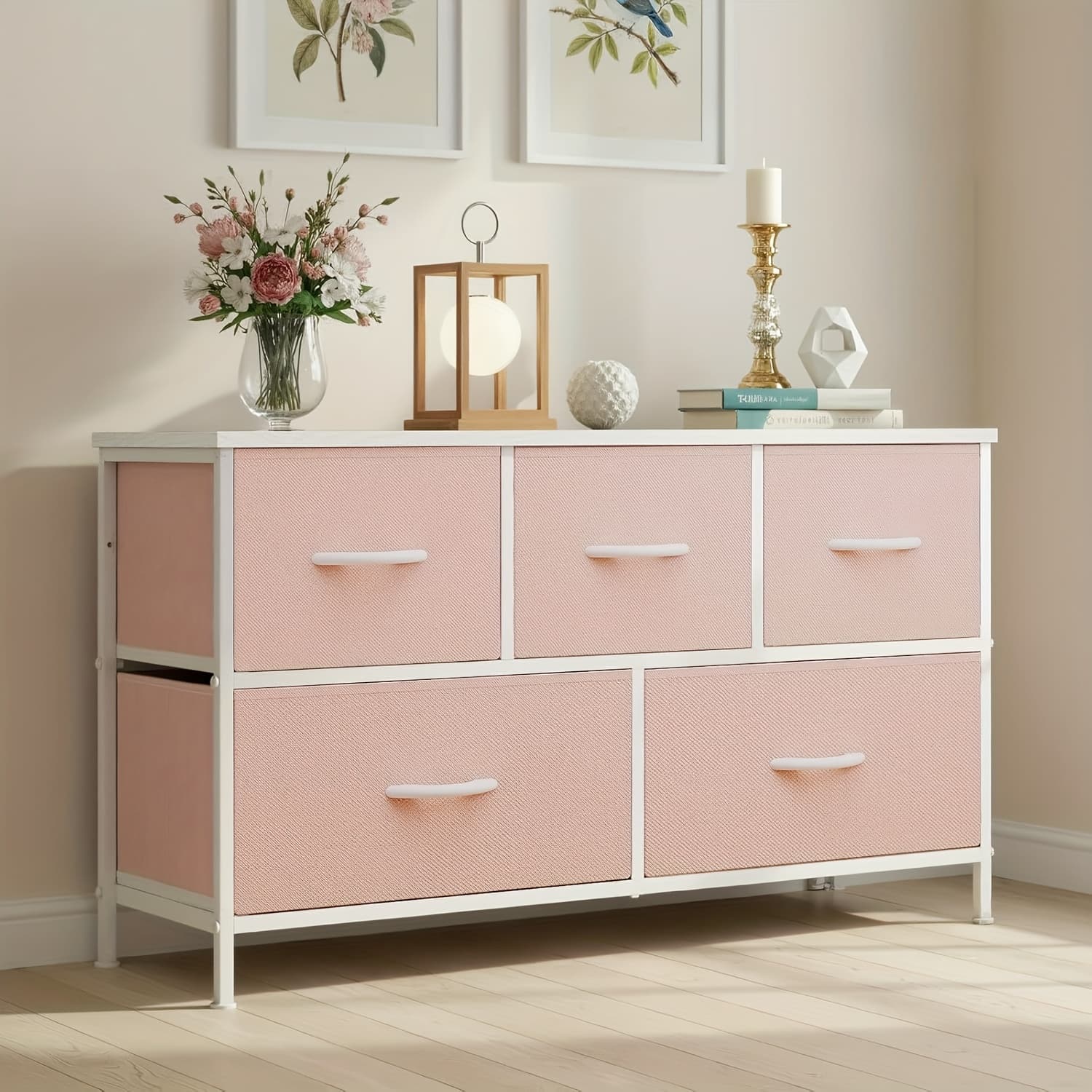 TEMU Modern 5-drawer Dresser With Fabric Bins - Wide Chest Of Drawers, Space-saving, Assembly, Wood-free Suitable For Apartment, Closet, Hallway - Compact Organizer With (3.2+ Cubic Feet)