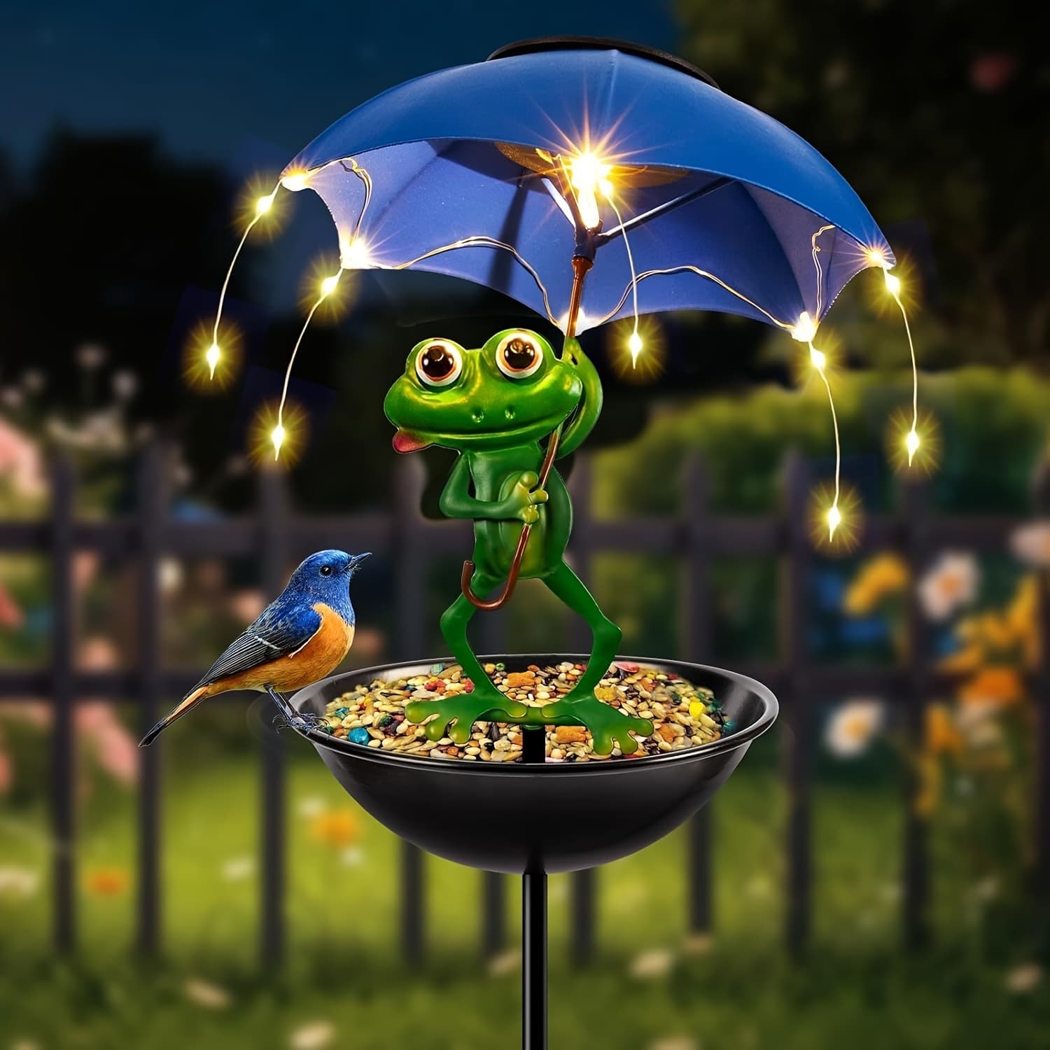 TEMU Frog Statue Solar Street Light, Outdoor Bird Feeder, Garden Decoration With Led Light String, Hummingbird Feeder Channel Light, Suitable For Aisles, Lawns,