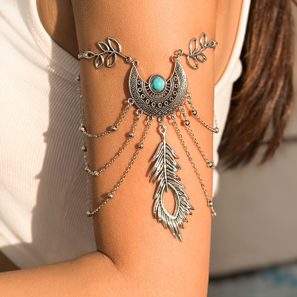 TEMU Vintage Western Ethnic Adjustable Turquoise Cuff Bracelet Bohemian Hollow Retro Silvery Tassels Bracelet Jewelry Chic Women Cuffs Unique Body Chain Jewelry Vacation Travel Beach Bracelet