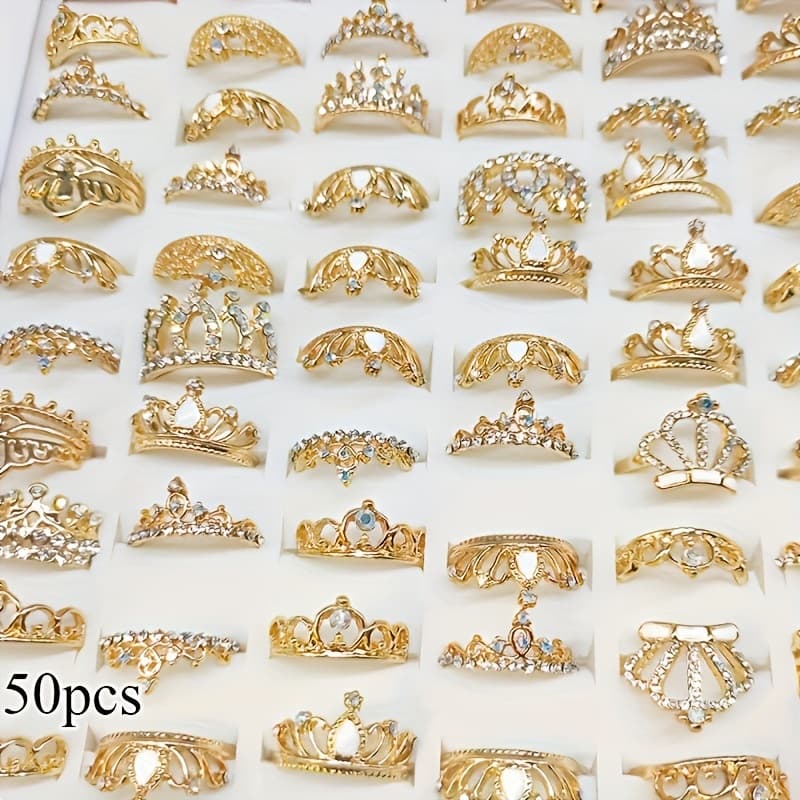 TEMU 50pcs Lot Crown Shape Rings, Golden Silvery Inlaid Shiny Rhinestones Crown Ring Jewelry For Women Girls Stackable Finger Rings For Elegant Decoration