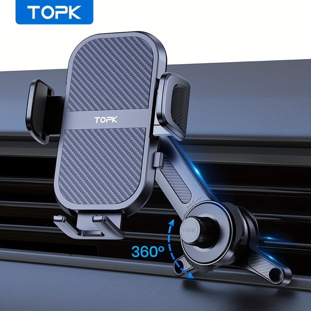 TEMU Topk D46t Extended Arm Car Vent Phone Mount Holder, 3- Extendable Metal Hook Single-hand Operation High Stability Phone Holder For Car