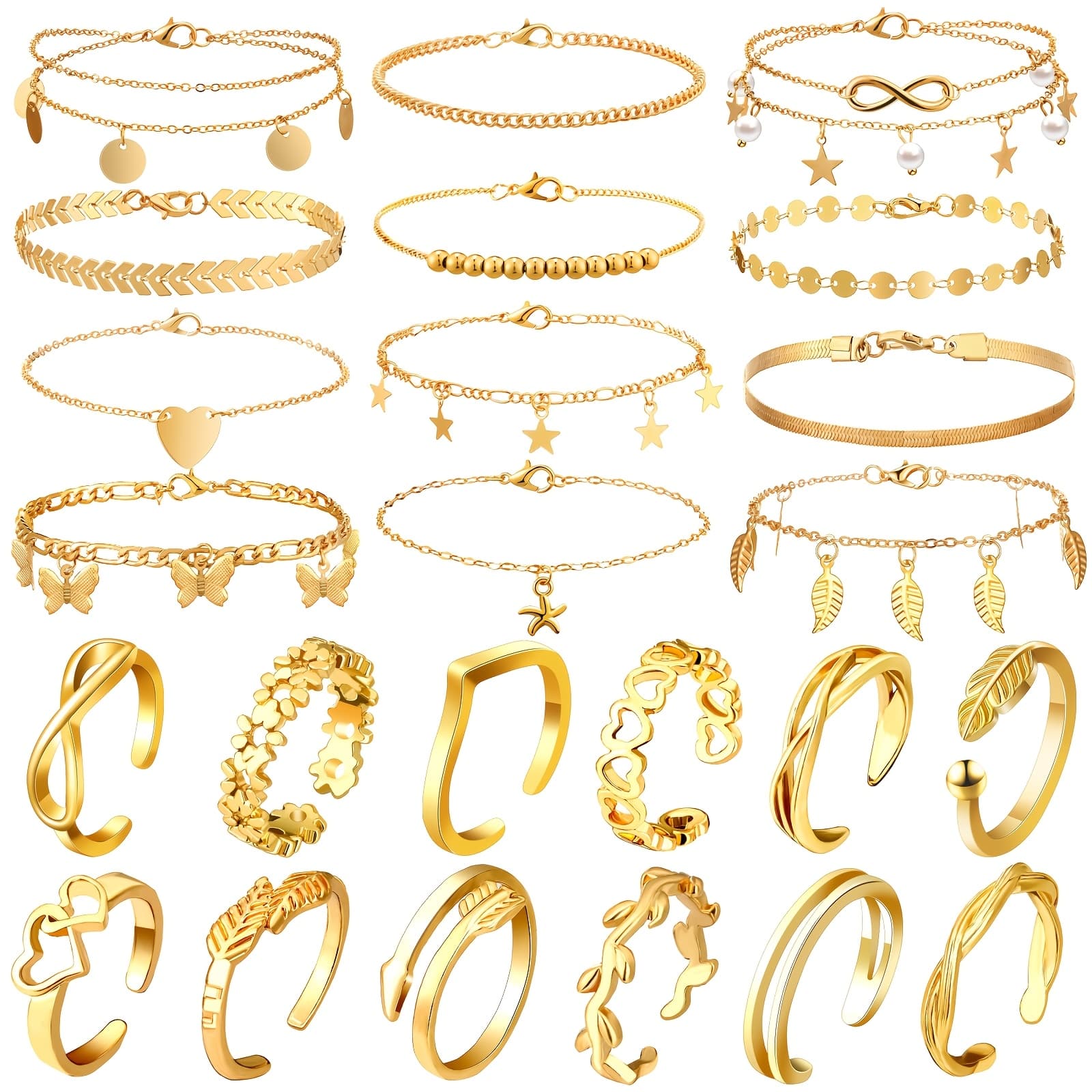 TEMU 24pcs Anklet And Toe Ring Set For Women Silvery Golden Layered Anklet Chain Adjustable Open Toe Ring Foot Jewelry