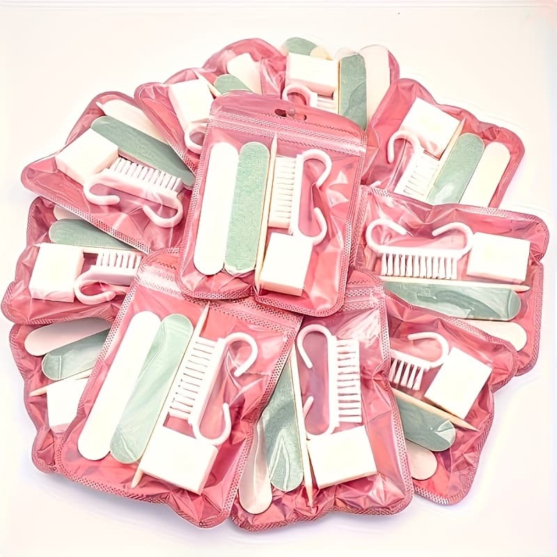 TEMU 60pcs Disposable Manicure Tool Set | Including 10 Double-sided Nail Files, 10 Wooden Cuticle Pushers, 10 Cleaning Tools, 10 Nail Clippers, 10 Nail Brushes, And 10 Packaging Bags.