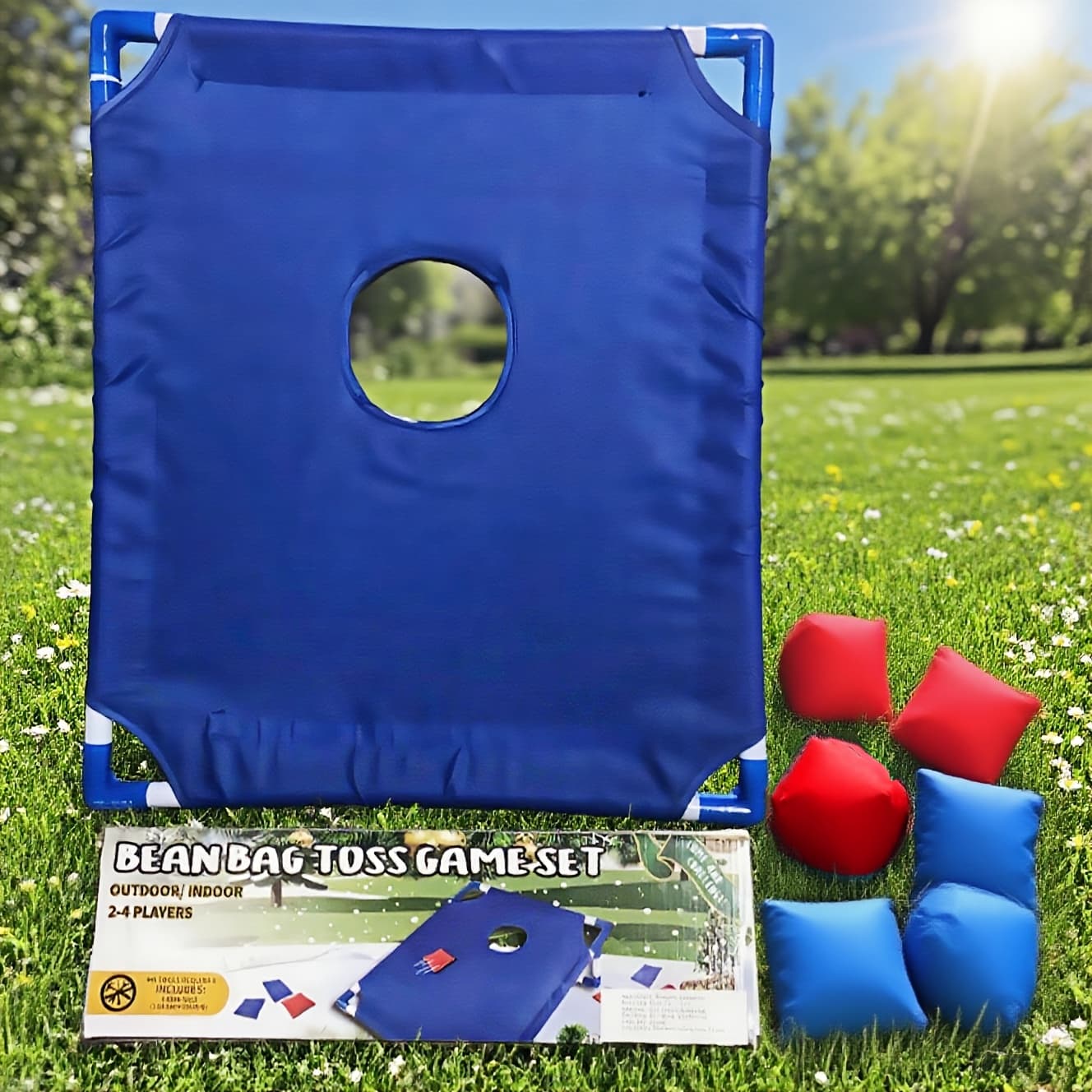 TEMU This Is A Portable Bean Bag Toss Game Set Collapsible, Sturdy, And Easy To Carry For Outdoor , Camping Trips, And Backyard . It Comes With 6 Sandbags And Does Not Batteries