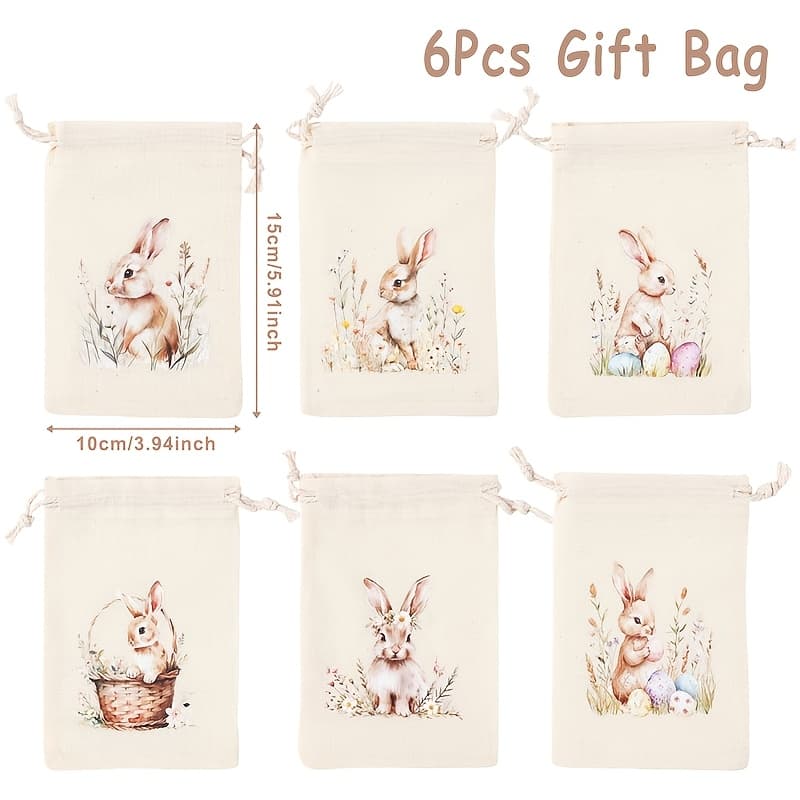 TEMU 6pcs Drawstring Gift Bags, Cute Rabbit Bunny & Flowers Drawstring Candy Gift Bags Sack Bag, For Holiday Presents, Spring Indoor And Outdoor Party Decor