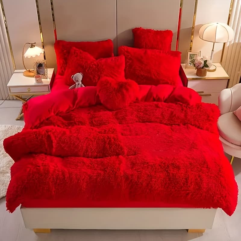 TEMU Faux Fur Comforter Set Duvet Cover Set 3/4pcs- Ultra Soft Bedding Set With Comforter Cover, Pillowcases & Heart Pillow For Twin Queen King Size Bed (insert Not Included)