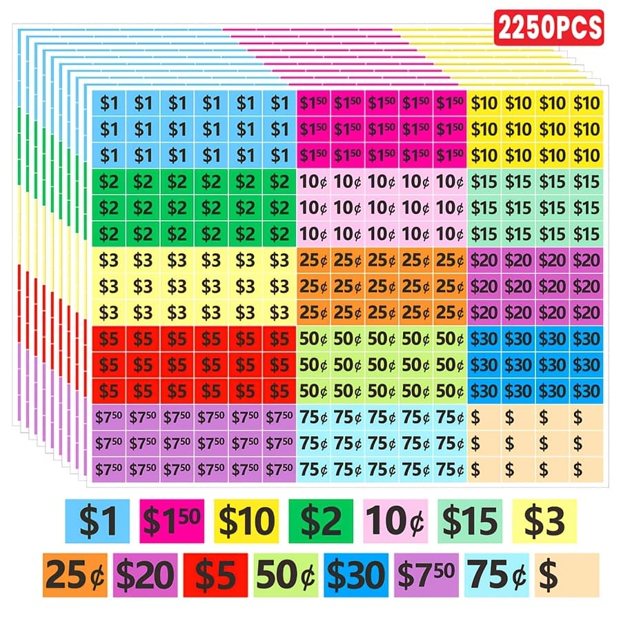 TEMU 1125/2250pcs Of Colorful Price Tag Stickers, Featuring A Mixed Design Of Dollars And , Suitable For Retail Pricing, Inventory Categorization, And Office Organization