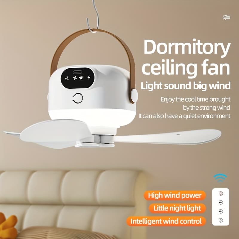 TEMU 1pc Portable Outdoor Camping Fan With Light, Rechargeable Hanging Fan With Remote Control, Four-speed, Perfect For Dorms Or