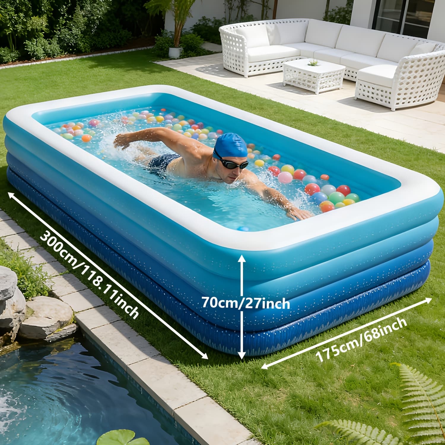 TEMU Extra-large Inflatable Home Swimming Pool. Blue And White Swimming Pool, Foldable Outdoor Pool For Gardens, Perfect For Parties .