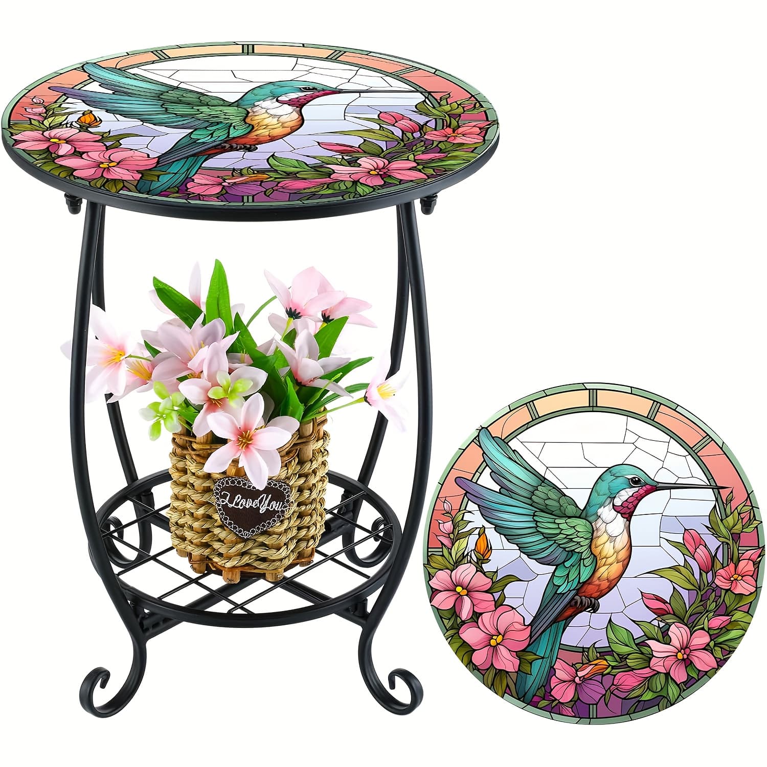 TEMU 14" Round End Table Unique Pattern Printed With Birds, Butterflies And Flowers, With A Metal Frame For Storage At And Metal Scrollwork Accent Side Table