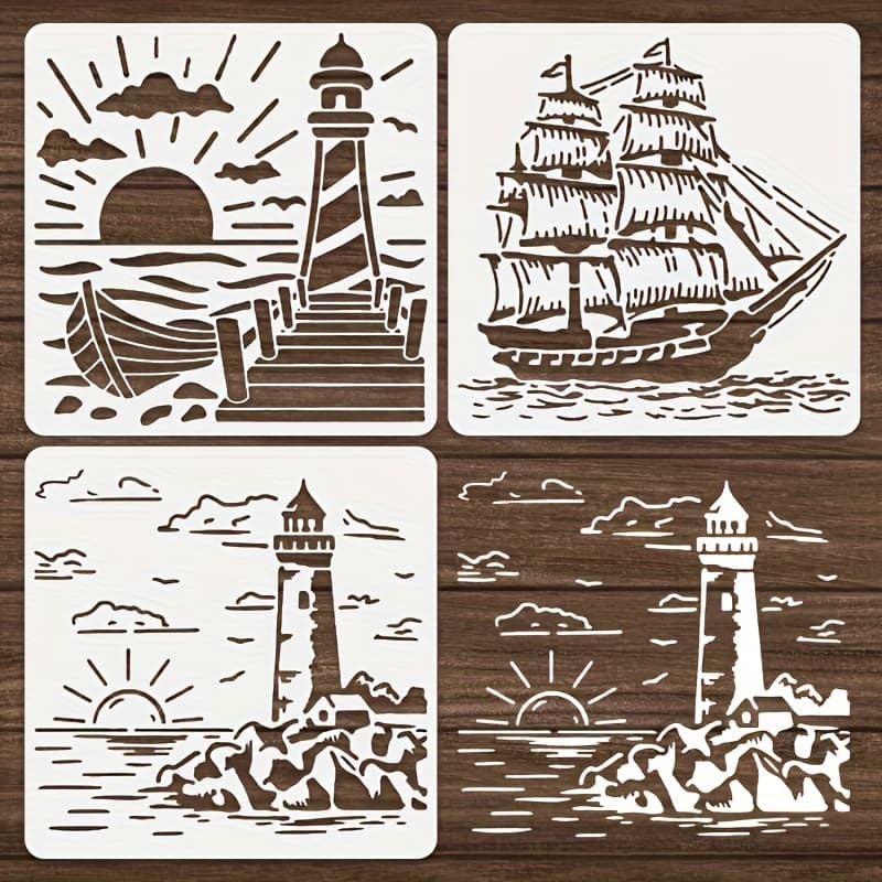 TEMU 3pcs Reusable Nautical Lighthouse Stencils] 3pcs Nautical Lighthouse And Sailboat Drawing Stencils Set - Reusable Maritime Ocean Wave For Wood Wall Fabric Home Decor, Plastic
