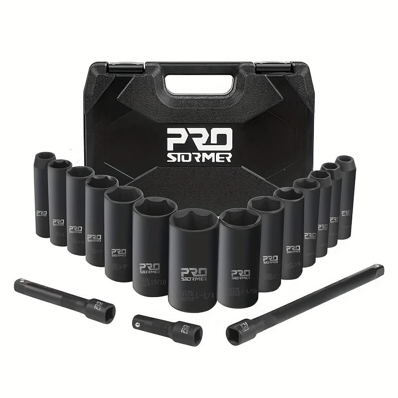 TEMU 1/2" Drive Impact Socket Set Sae 17pcs (3/8" To 1-1/4") - 6- Sockets With 3", 5", 10" Extension Bars & Storage Case - Cr- For Impact Wrench - Professional Mechanic Tool Set