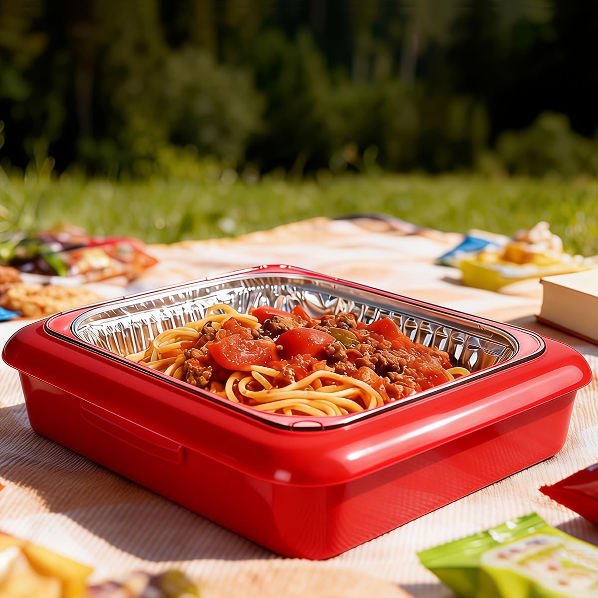 TEMU New Portable Aluminum Foil Insulation Tray With Lid - Plastic Rectangular Lunch Box Heat-preserving Outdoor Picnic Container For Camping Travel Picnics - Compatible For Bbq, Office Meals &