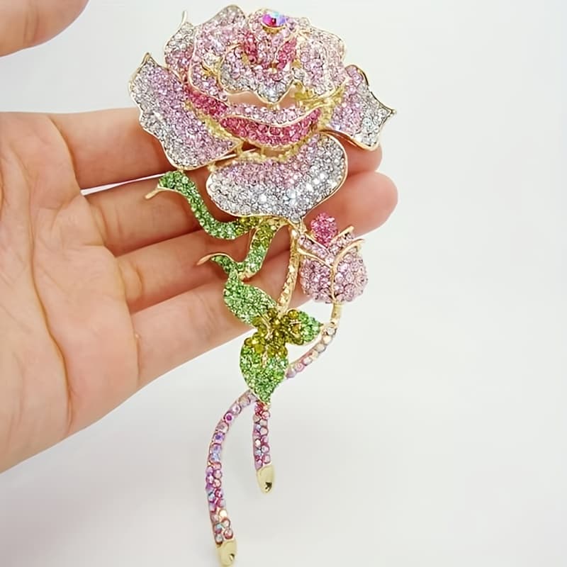 TEMU 1pc Luxury Zirconia Rose Flower Brooch Pin For Women - Pink Embellished Alloy Party Accessory For Dresses, Scarves - Versatile For & Carnival Celebrations, Jewelry