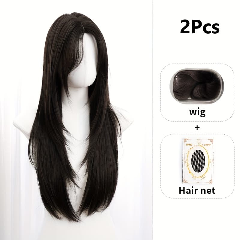 TEMU 2pcs, Wig + Hair Net, 28-inch High Temperature Fiber, Middle Part Layered Cut Style For Concerts, Parties, , And Hairstyles