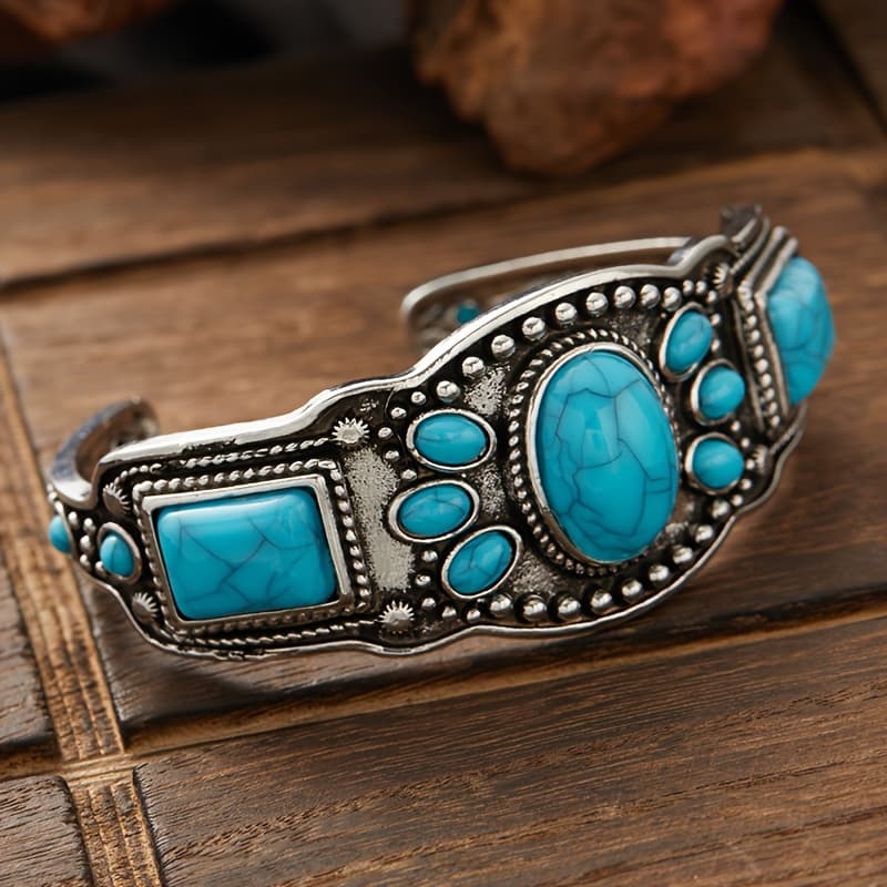 TEMU Vintage Silvery Open Bracelet, Synthetic Zirconia Designs, Bohemian Style, Handmade Engraving, For Holiday Commemorative Gifts