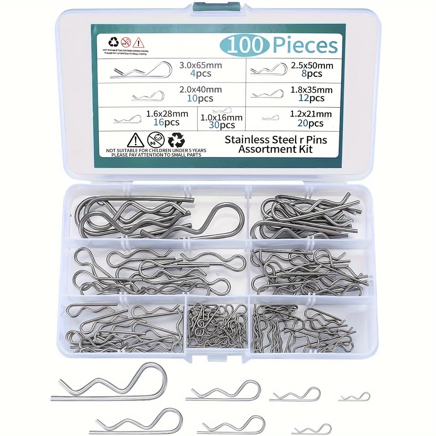TEMU 100pcs Cotter Pins Assortment Kit, Stainless Steel Spring Retaining Clips, R Shaped Cotter Pin Assortment Kit For Automotive Marine, Lawn Mowers Replacement Trailer Pin Clips