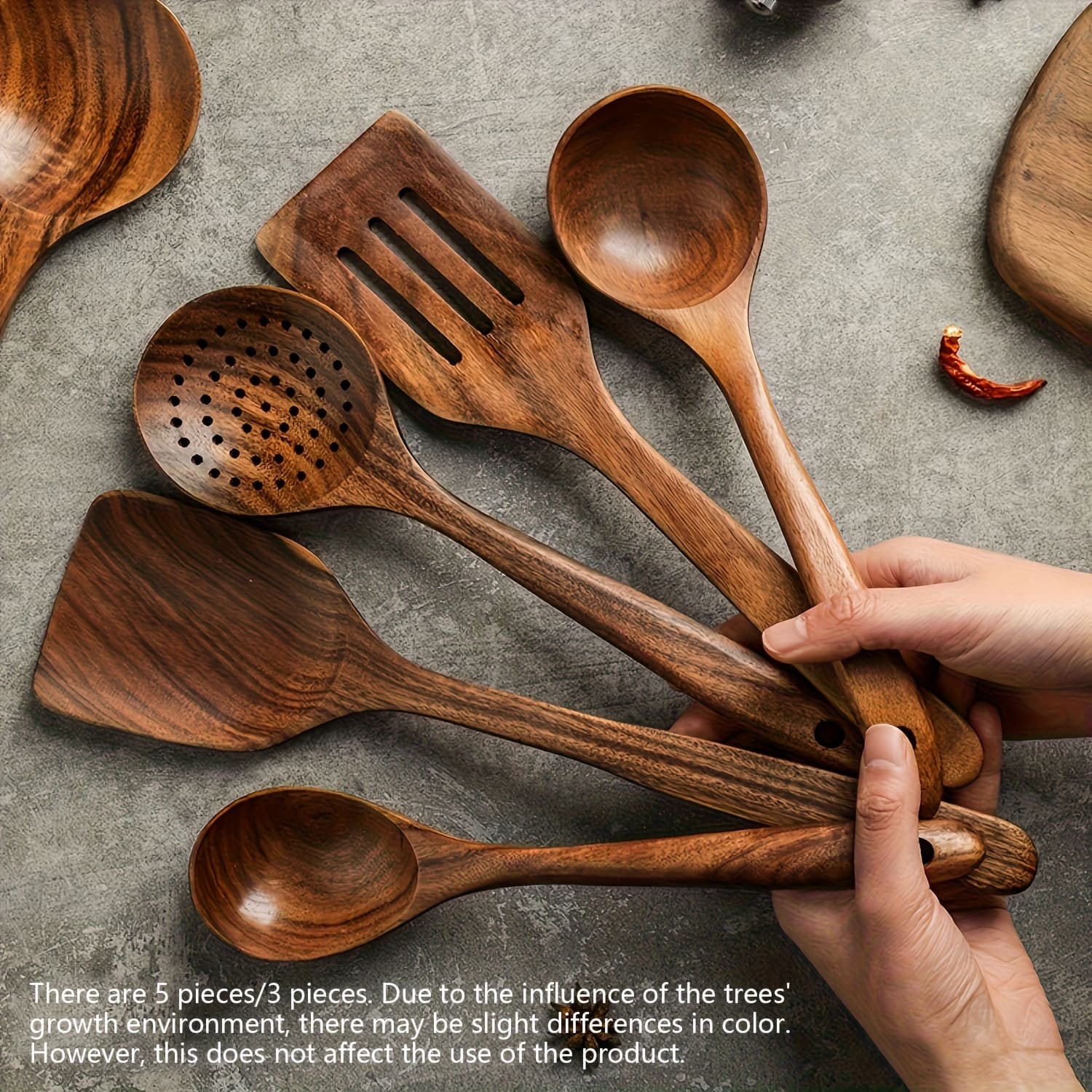 TEMU 3/5-piece Wooden Cooking Spoon Set, Wok Turner, Natural Teak Wood Utensils, Kitchen Spatula Set, Skimmer Spoon, Wooden Turner, Utensil Set, Wooden Spatula, Soup Spoon, Teak Wood Set