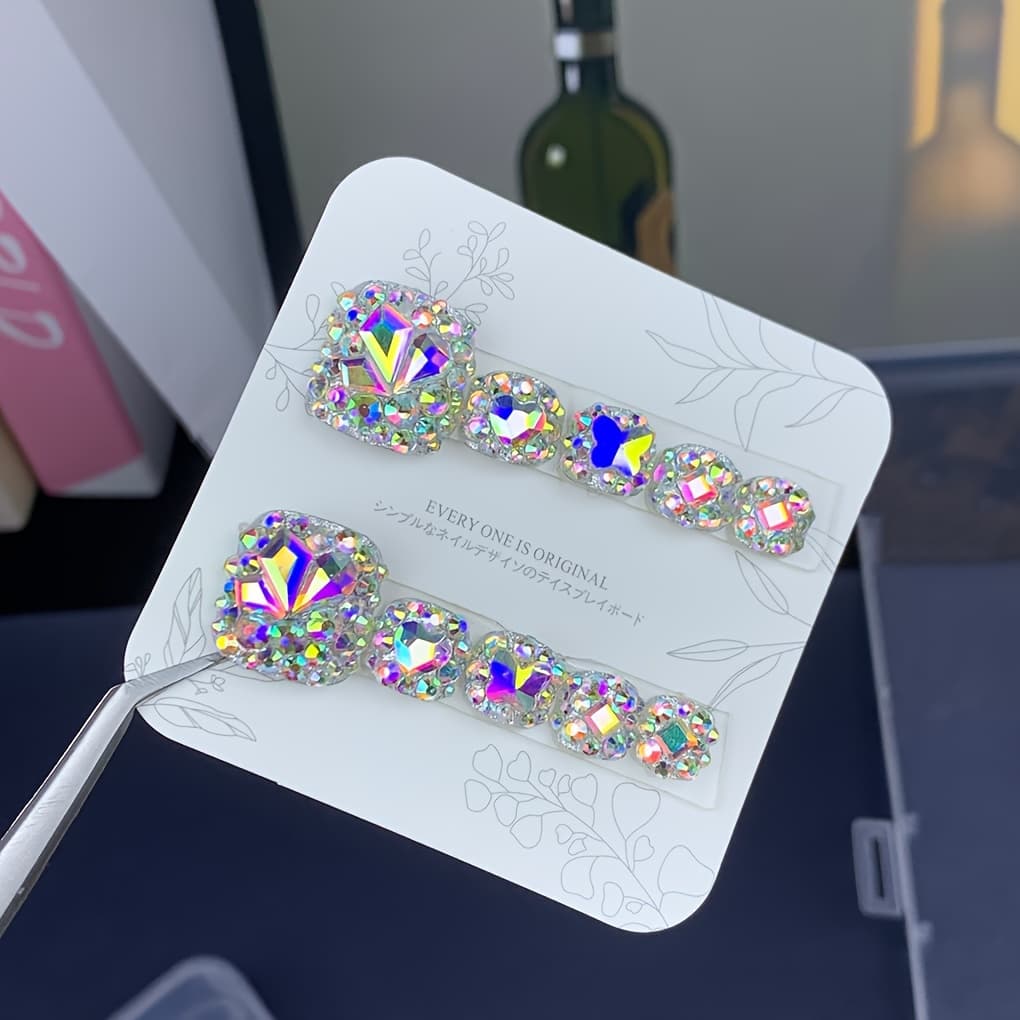 TEMU New Summer Flash Ab Glass Drill Colorful Light Pure Handmade Wearable Toe Nail Artificial Nails