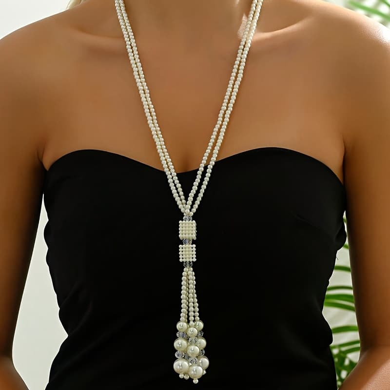 TEMU Luxurious Double-layered Pearl Tassel Necklace - Exquisite Handcrafted Long Chain For Women, Elevating Casual Attire And Sweater Chains With