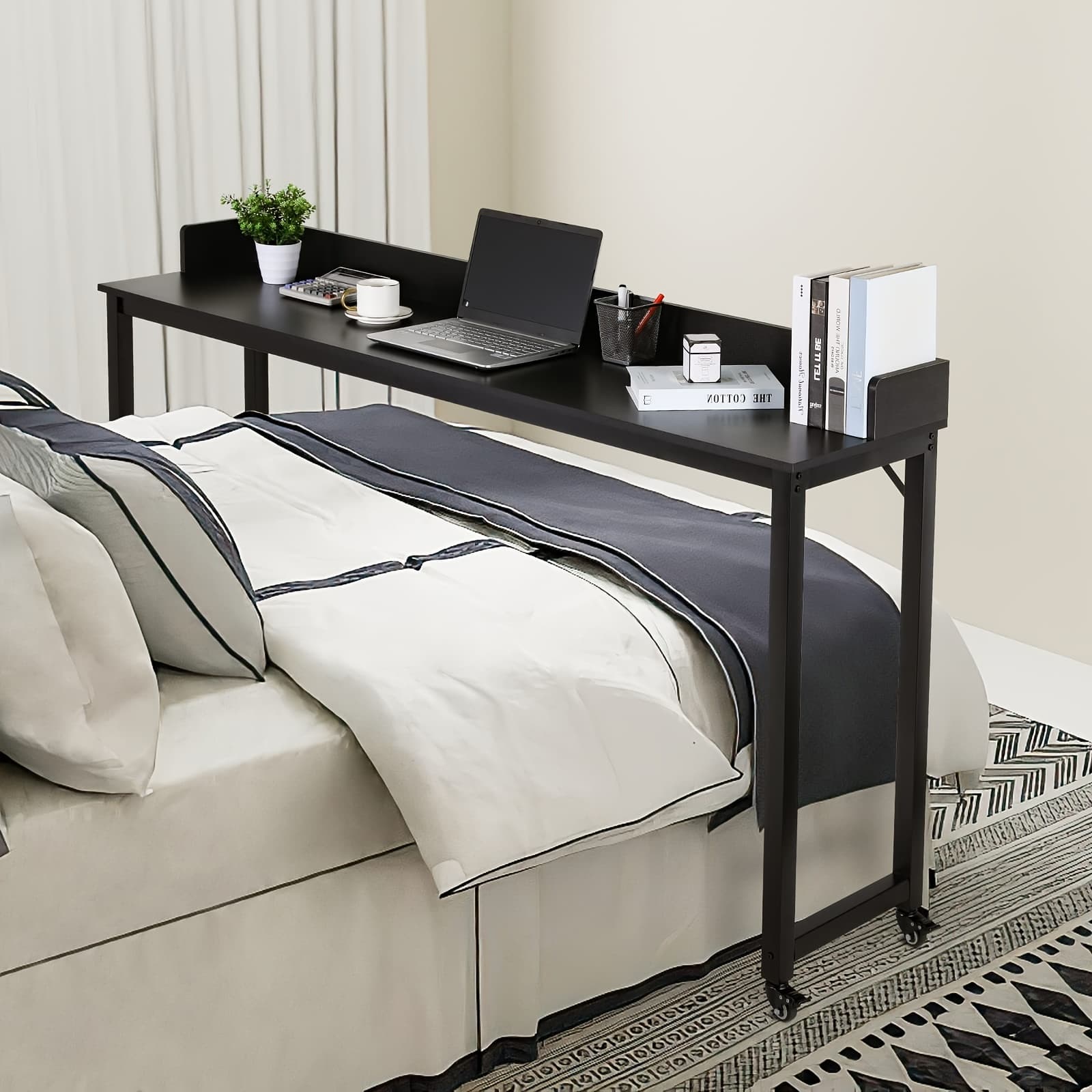 TEMU Overbed Table With Wheels, Queen Full Size Mobile Computer Desk, Standing Laptop Cart, Over Bed Table With Heavy Duty Metal Leg, For Bedroom 16" D X 71" W X 41" H