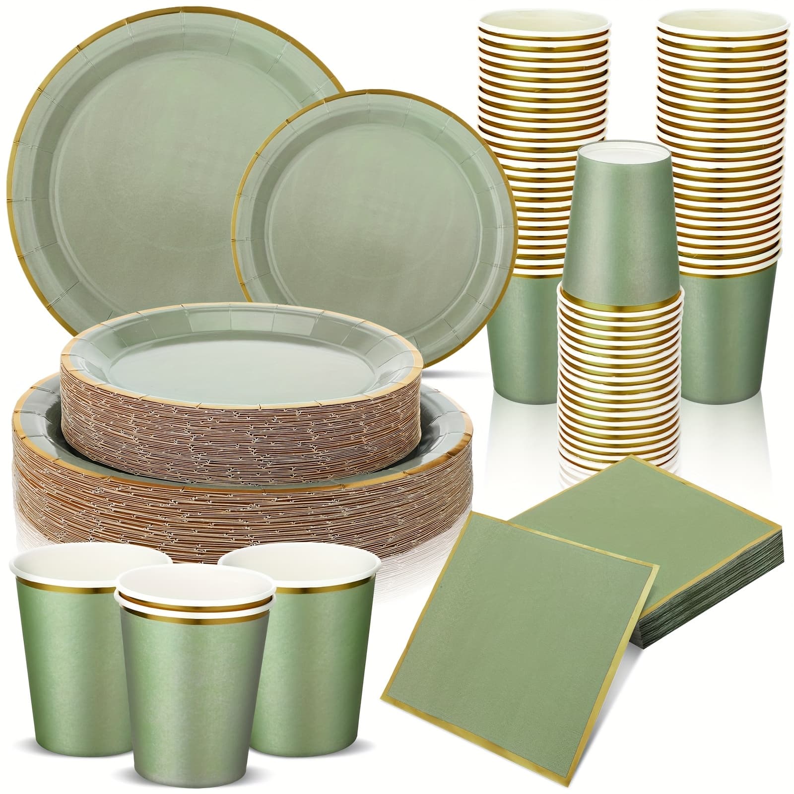 TEMU 200pcs Good Luck Sage Green Dinnerware Set Sage Party Supplies 50pcs 7'' Disposable Plates 50pcs 9'' Paper Plates 50pcs Paper Cups 50pcs Napkins For Birthday Shower Wedding Party ()