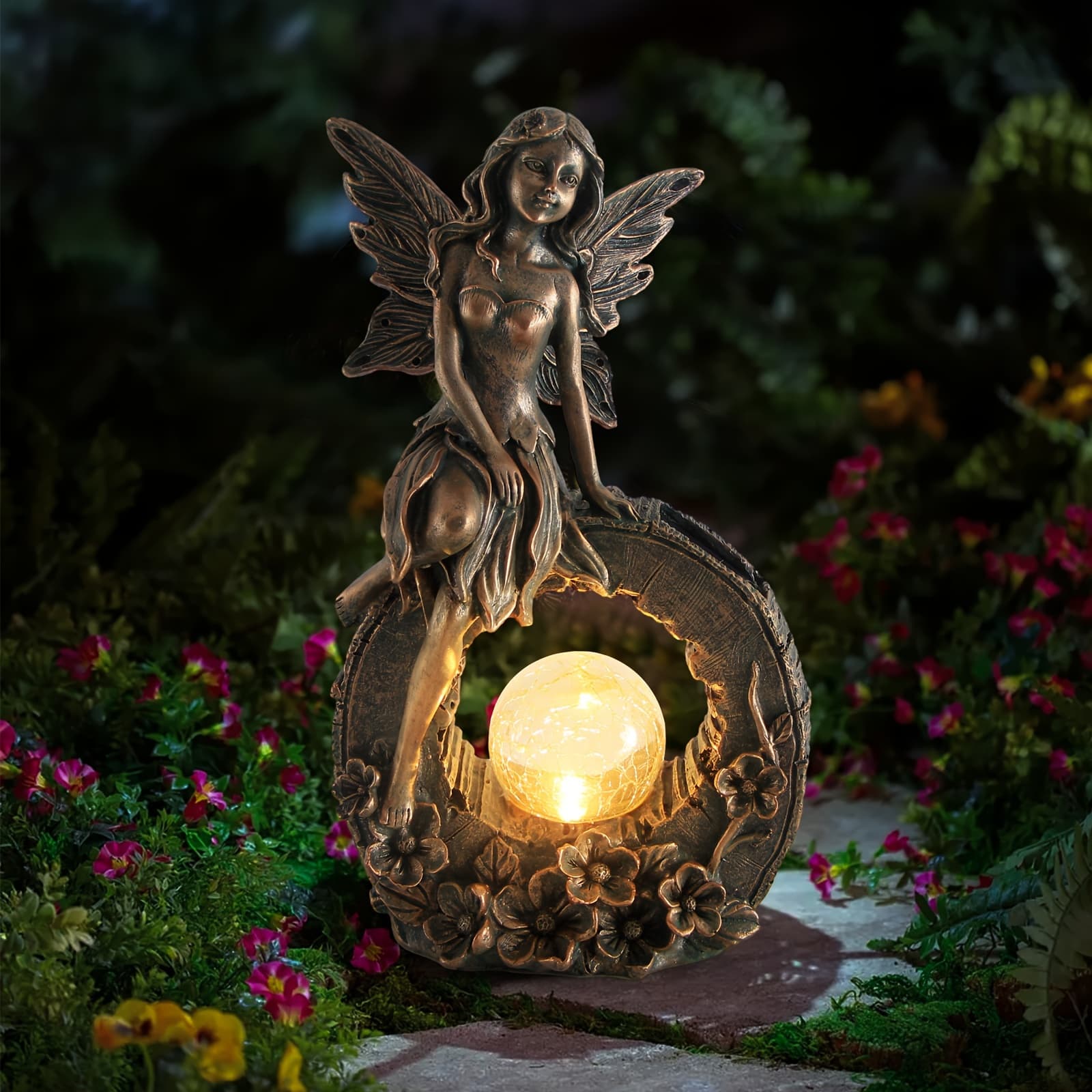 TEMU 10.7 Inches Garden Outdoor Statues Flower Fairy Decor, Solar Powered Resin Figurine Lights Sculpture For Yard Lawn Patio Balcony Decorations - Housewarming Gift Valentine's Day Giftsdecorations