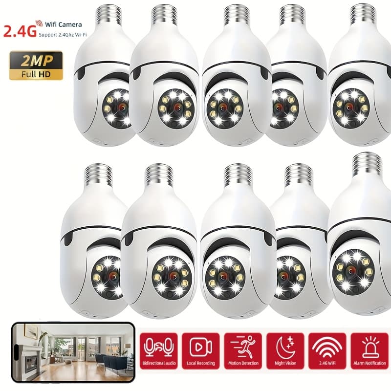 TEMU 10pcs Fhd 2mp Wireless Light-bulb Security Camera, Work With 2.4ghz Wifi, Motion Auto Tracking, 2 Way Audio, Spotlight Night Vision, E27 Screw-in Cctv Camera