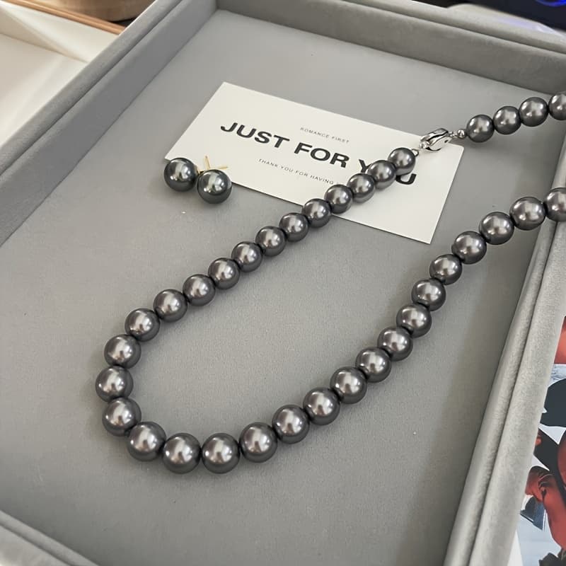 TEMU This Two-piece Set Of Classic High-end Gray-black Beaded And Necklace Earrings Is Mysterious And Elegant For Women. Versatile For Daily Use And As A Gift For Festivals And Parties