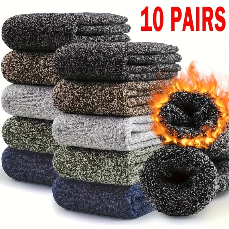 TEMU Men's And Women's 10 Pairs Of Warm Socks, Super Thick Mid Tube Hiking Socks Suitable For Cold Weather, Striped Fabric, Thick Material Looped Socks, Boots Hiking Socks Suitable For Outdoor Wear