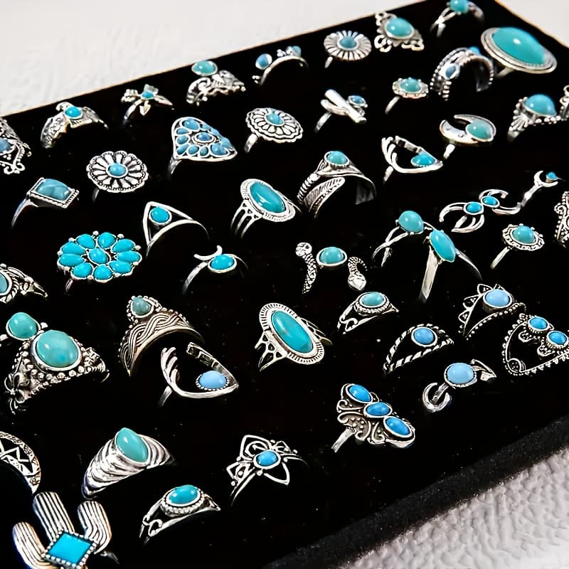 TEMU A Set Of 44 Vintage Turquoise Rings In A Bohemian Style, Designed For Stacking. Ideal For Daily Use By Women, As Well As For Vacations, Parties, And Holiday Presents