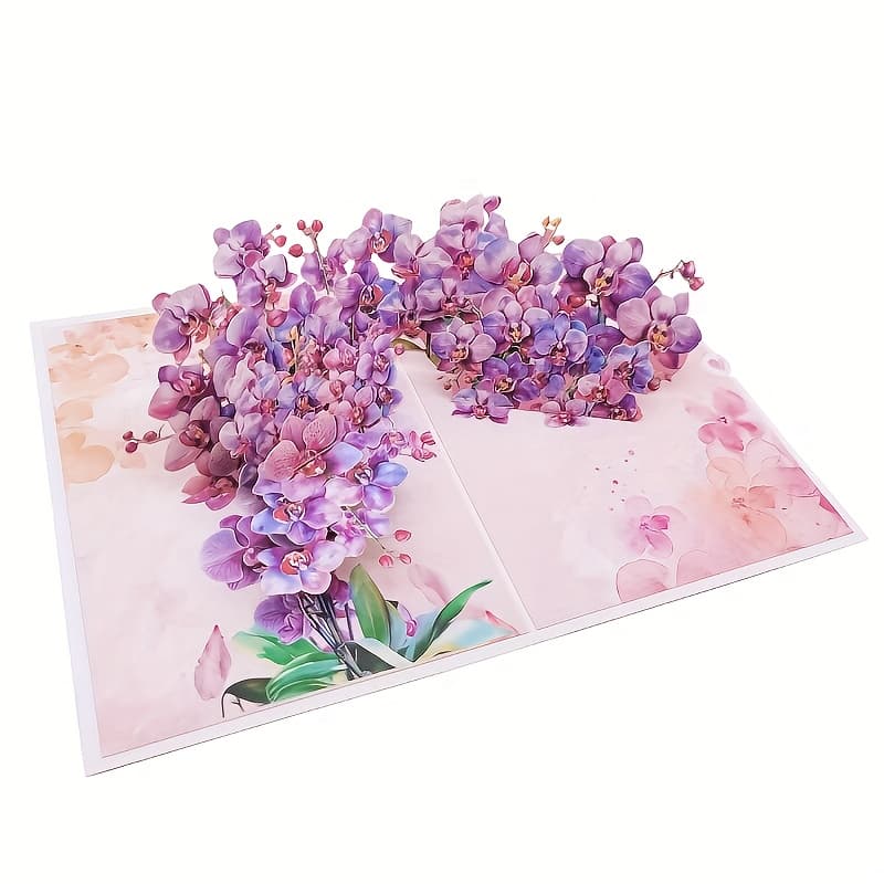 TEMU 1pc Handcrafted 3d Pop-up Orchid & Cherry Card - Vibrant With Small Note Card, Ideal For , Birthdays, Valentine's, Anniversaries, Thanksgiving, Christmas & Party Favors, Flower Decorations